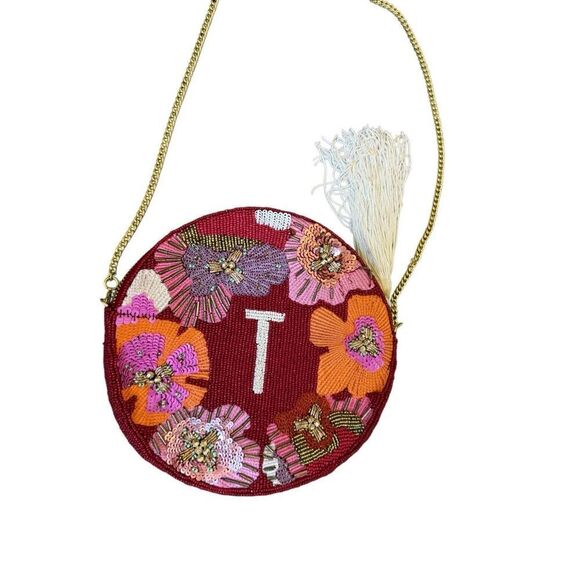 Anthropologie Womens Red Pink Monogram T Embellished Chain Strap Round Pouch - Picture 7 of 9